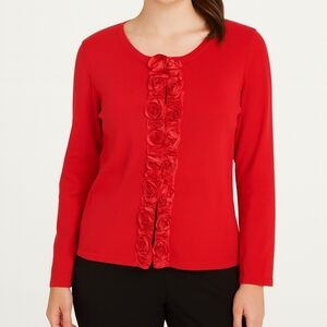 🧨 Rafaella Cherry Red Rose Trim Cardigan